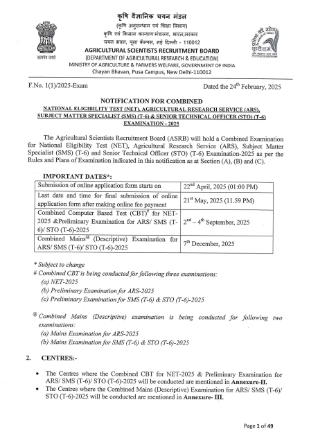 ASRB NET, ARS, SMS, STO Recruitment 2025