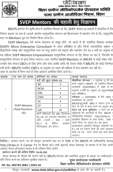 Bihar Jeevika Mentor Vacancy 202