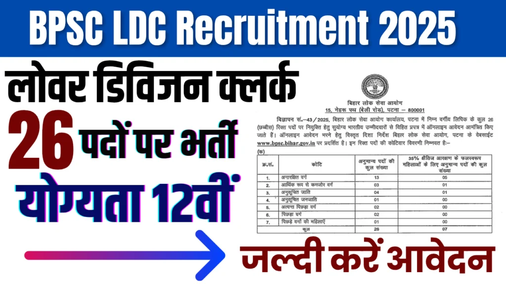 BPSC LDC Recruitment 2025 : BPSC LDC भर्ती, जानें आवेदन तिथि, योग्यता, चयन प्रक्रिया
