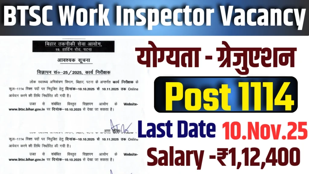 BTSC Work Inspector Vacancy 2025 : पद, योग्यता, आयु सीमा और आवेदन प्रक्रिया